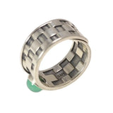 Silver ring with geometric checkerboard and turquoise accent, a beautiful jade stone ring