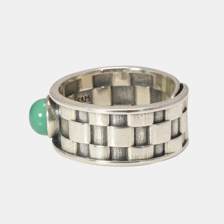 Vintage Sterling Silver Natural Jade Stone Ring with checkerboard pattern and turquoise accent