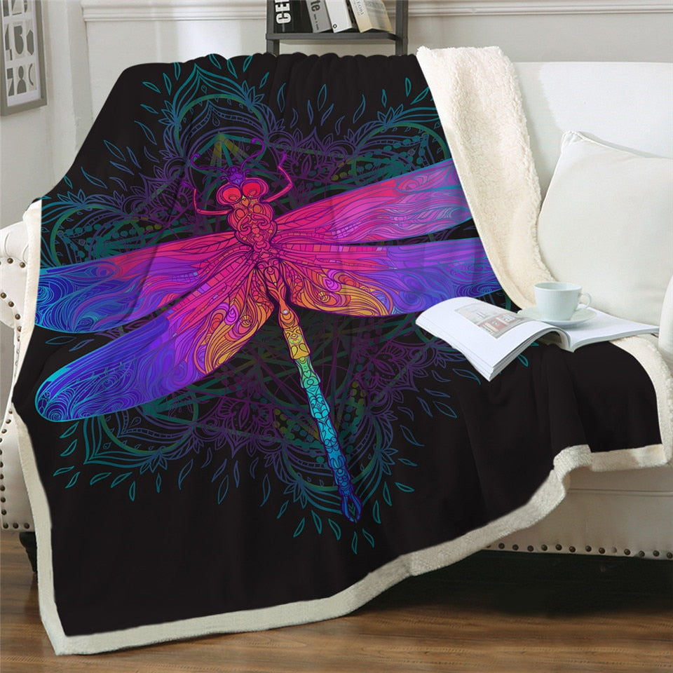 Colorful Dragonfly Mandala Fluffy Fleece Throw Blanket